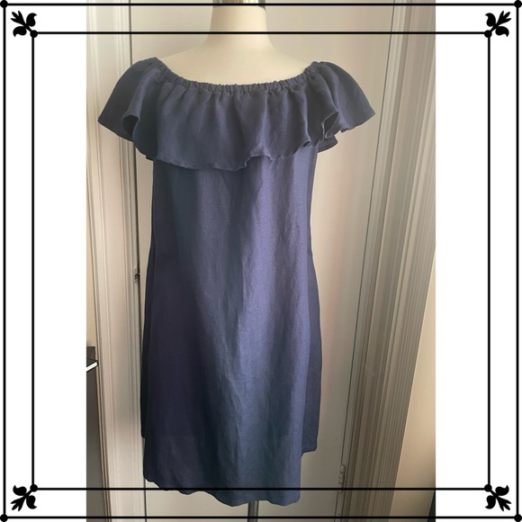 Tommy Bahama Linen Blend Ruffle On/Off Shoulder Sheath Dress - Navy Sz L - Picture 1 of 10